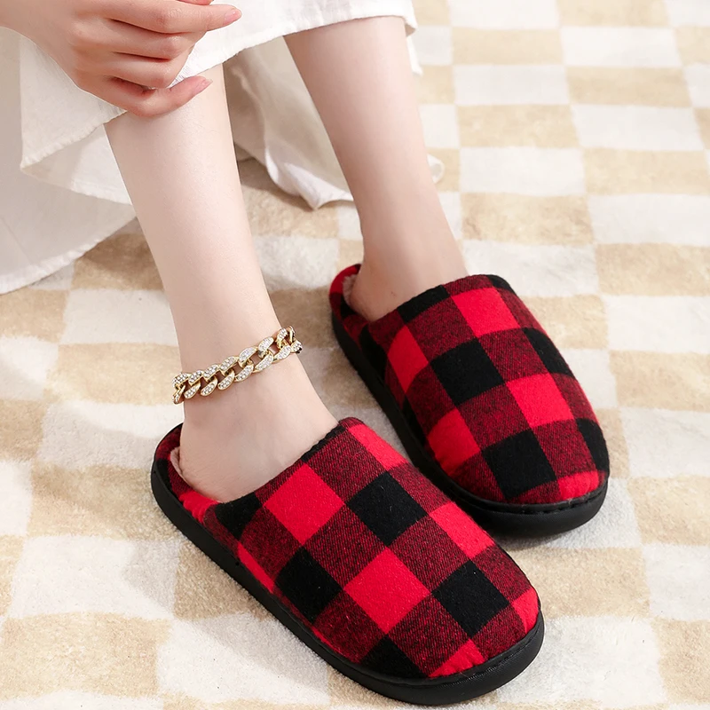 Classic Women Black Red Plaid Cotton Slippers Non-slip Winter Checkered Retro Christmas Gift Indoor Slides Home Cotton Shoes 6