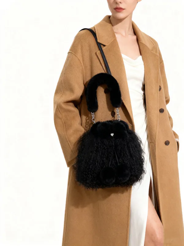 2025 New Beach wool Fur Drawstring Bucket Bag Women's Plush Shoulder Bags Y2k Hot Girls Fashion Female Furry Purse Tote Handbags