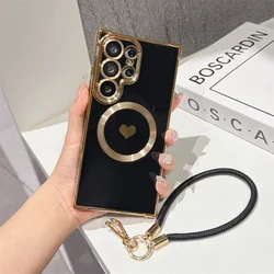 Elegant Love Heart Magnetic Phone Case with Luxury Lanyard - Solid Color Plating Silicone Back Cover - Galaxy S26+ (Black)
