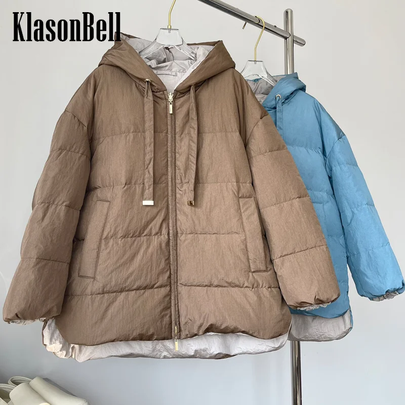 

11.27 KlasonBell Letter Embroidery Lace-up Hooded Windproof Keep Warm 90% White Goose Down Double Sided Wear Down Coat Women