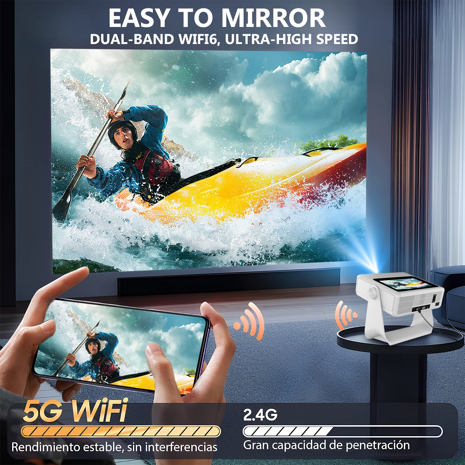 네이티브 1080P 4K 7인치 프로젝터 안드로이드 12 자동 초점 180 °   회전식 천장형 HDMI USB BT WiFi 3-in-1 스피커