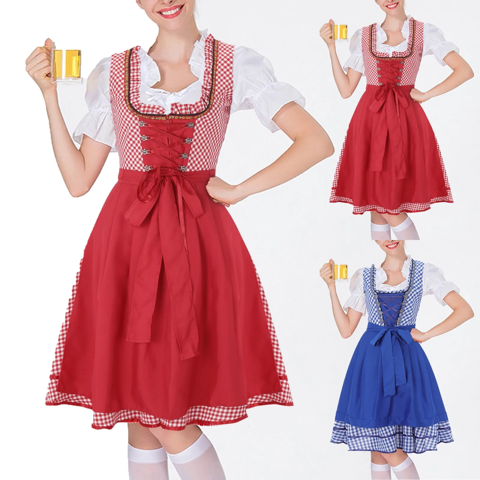 

Germany Oktoberfest Halloween Women Vintage Dress Short Sleeve Beer Dresses Stage Performance Casual A Line Loose Belt Sundress