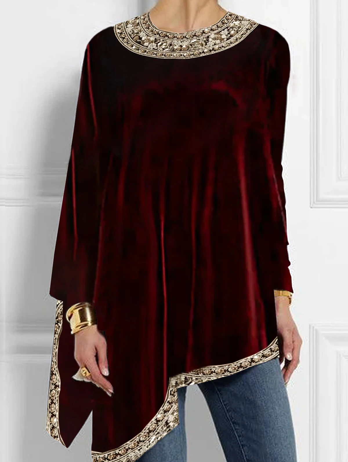 thumbnail image 1 of Blusa de talla grande con dobladillo irregular para mujer, camiseta de manga larga de terciopelo retro a la moda de primavera, top asimétrico holgado informal con cuello redondo, 1 of 4