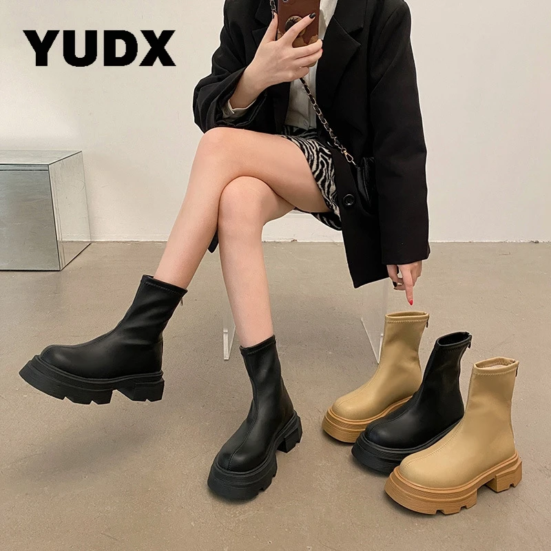 

Platform Boots Women Fashion Round Toe Warm Plush Zip Ankle Boots Female Gothic Casual Chelsea Boots Ladies Chunky Heels Punk