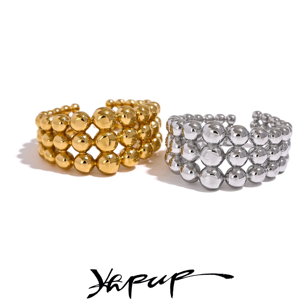 Shine with a stainless steel ring with round beads, layered, wide ring for women, water-resistant, statement metallic.