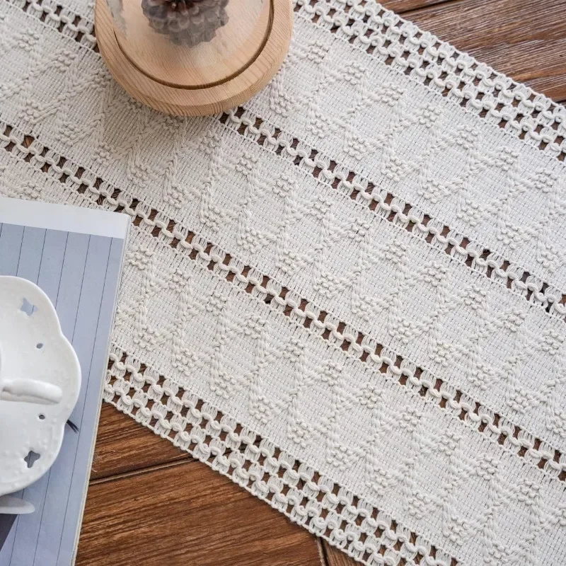 Runner da tavolo color crema e beige, stile boho con nappe, per cena, festa, festa, sala da pranzo, cassettiera, 38 x 183 cm, beige