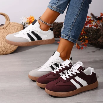 Women's Fashion Wine Red Flat Sneakers 2026 New White Striped Thick Sole Casual Shoes Woman Light Streetwear Vulcanize Shoes 1