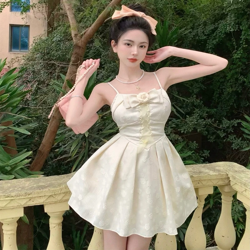 

2023 New Dress Beach Holiday Style Jacquard Bow Tie Strap Fashion Versatile Slim Free Shipping