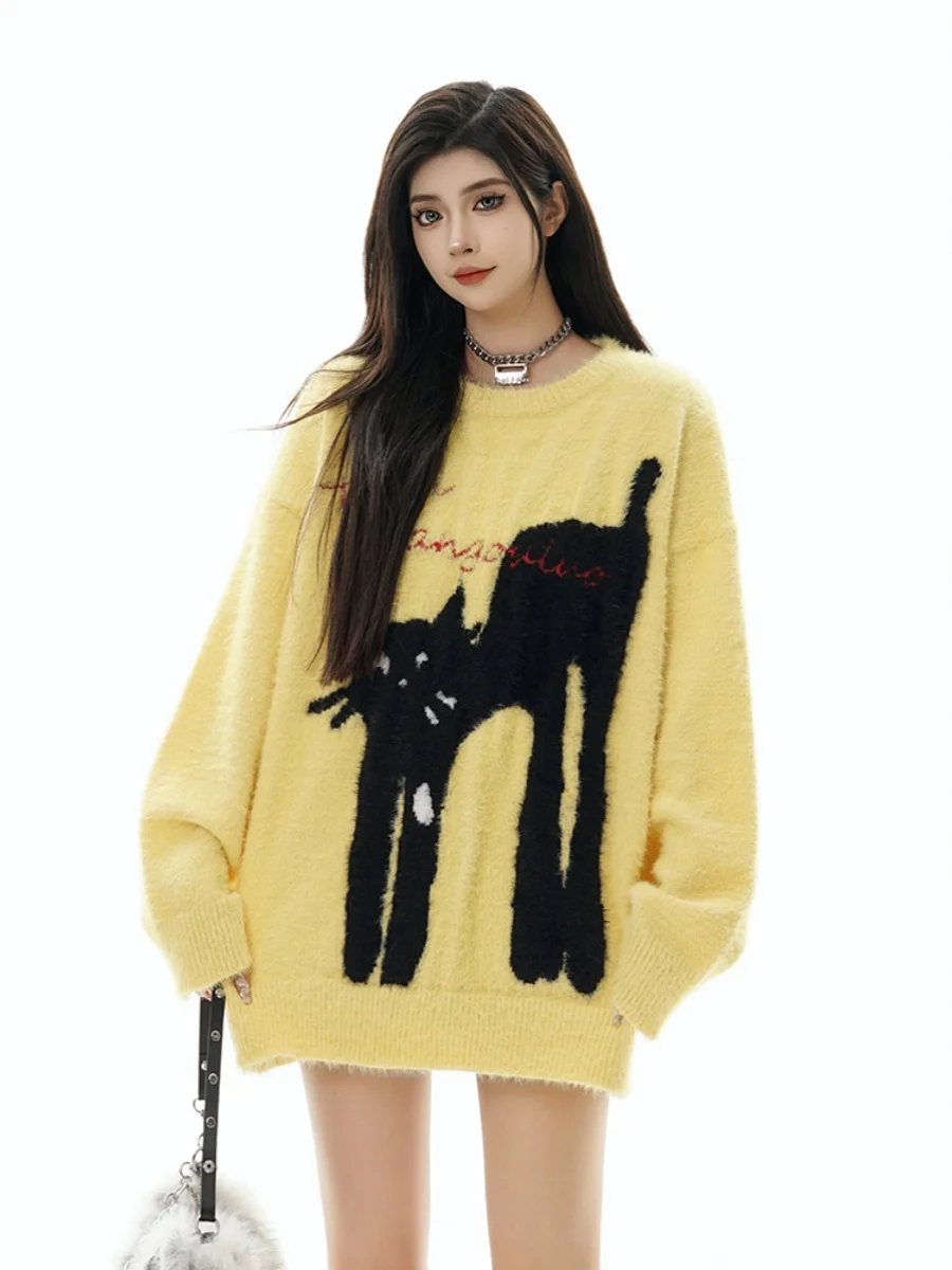 

Pullover Sweater Couple's Retro American Cartoon Cat Embroidery Mink-like Women's AutumnWinter Warm Pullover Inner Wear Knitwear