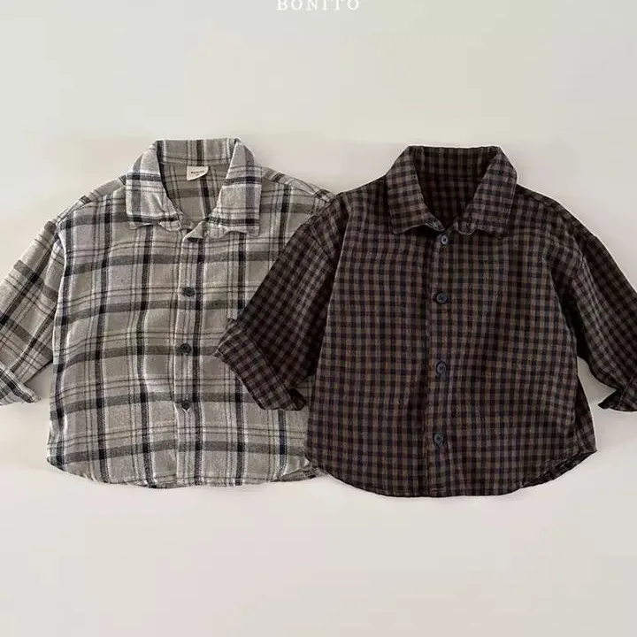 Baby Clothing Spring Shirt Korean Style Boy Plaid Cardigan Lapel Shirt Casual Simple Long Sleeve Kids Fashionable Plaid