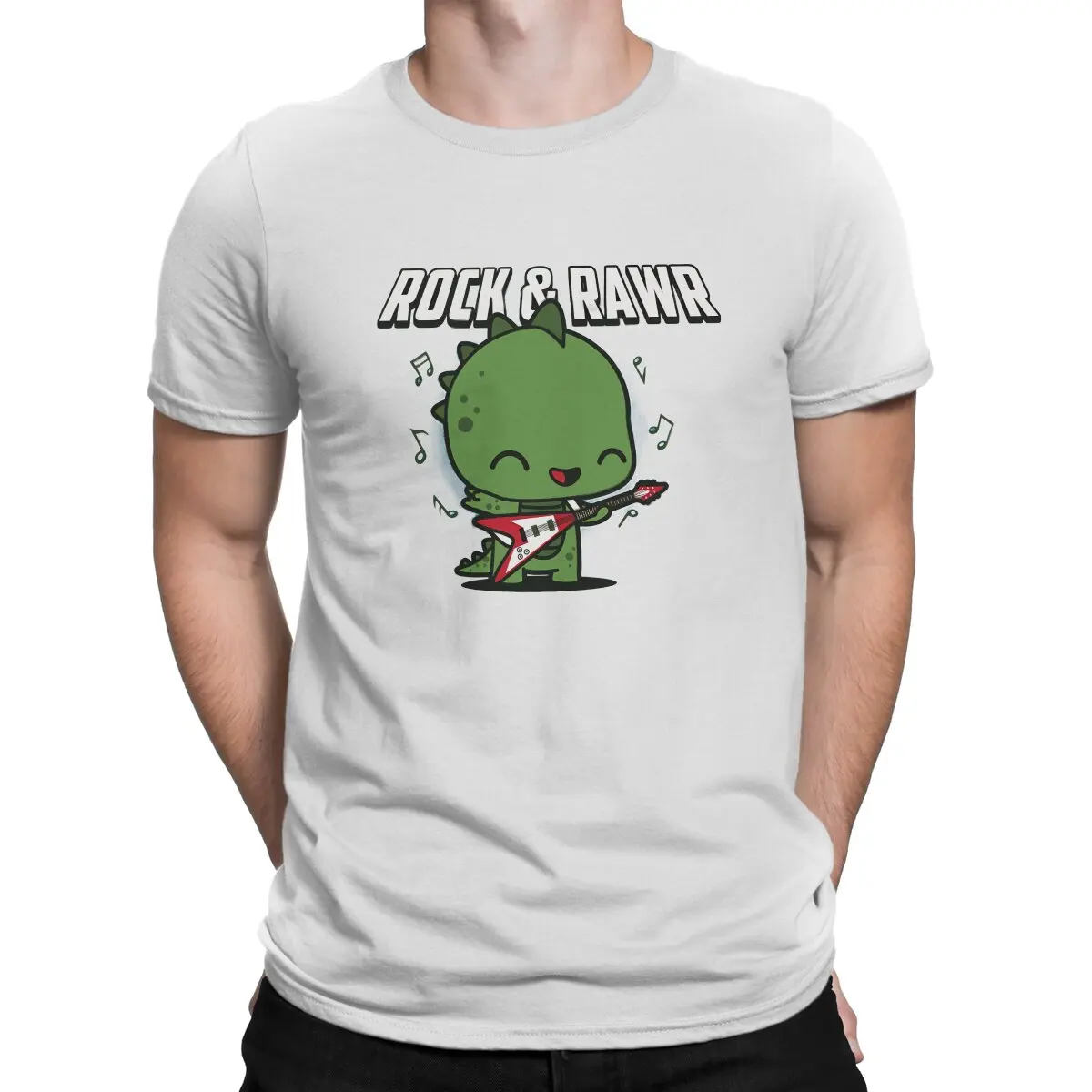 Kawaii Rock And Roll Dinosaur Godzilla Playing Guitar Tshirt Per Uomo Rock N Roll Abbigliamento Moda Poliestere T Shirt Homme