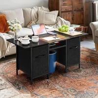 Modern Coffee Tables for Living Room 35'' Small Rectangle Coffee Table with 2 Large Fabric Storage Drawers and Metal Shelf, Wood 1