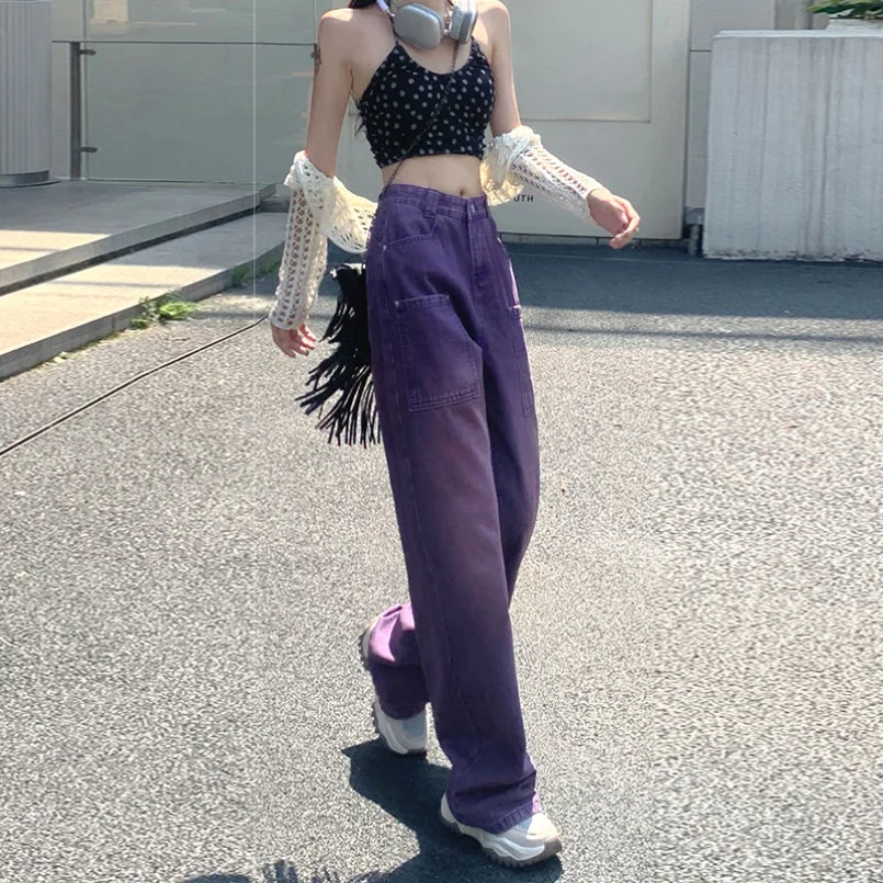 2023 Purple Denim Wide Leg Pants Show Slim Floor Dragging Pants Popular Korean Style Straight Leg Pants for Women