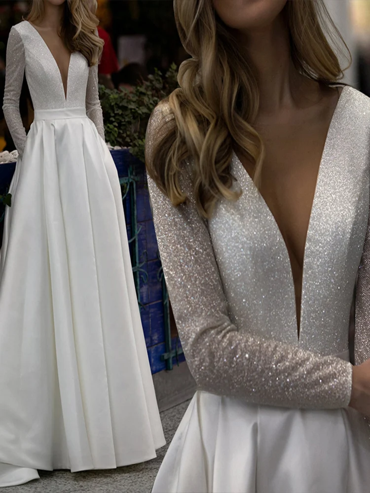 

Sparkle Satin Wedding Dresses for Women Sexy V-Neck Backless Long Sleeve Bridal Gowns With Pocket Vestido De Noiva