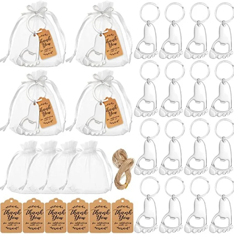 

50 Set Baby Shower Souvenirs Footprint Bottle Opener with Organza Gifts Bag Thank You Card Kids Birthday Party Favors for Guests