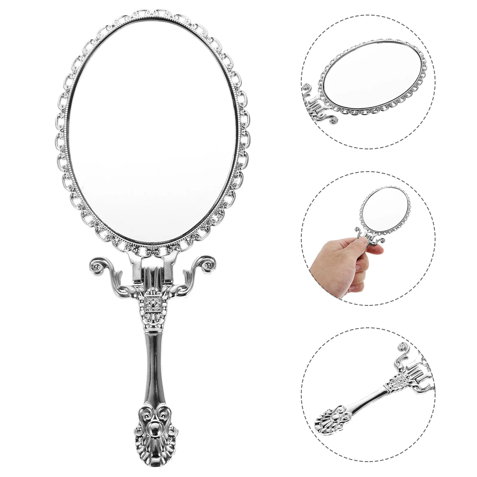 

Mirror Handle Makeup Retro Metal Handheld Compact Women Portable Travel Folding