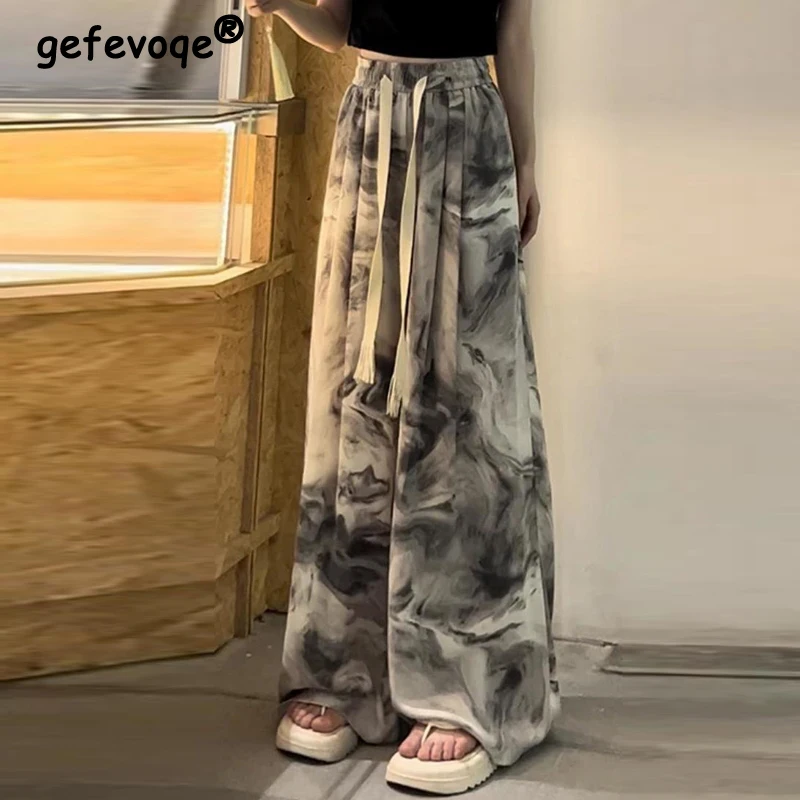 Women Clothes 2024 Summer Fashion Vintage Print Harajuku Wide Leg Pants Y2K Female High Waist Streetwear Loose Straight Trousers
