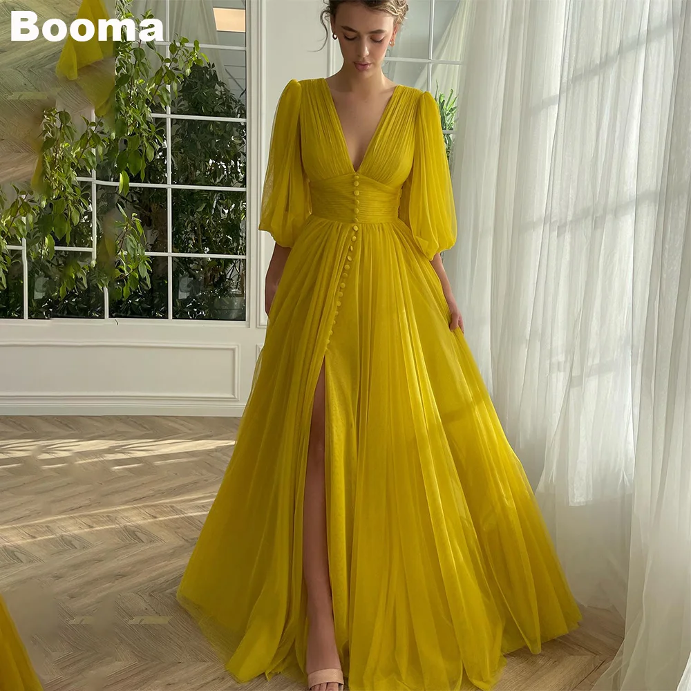 

Booma A-Line Long Prom Dresses Deep V Neck Half Sleeves Tulle Party Gowns High Side Slide Formal Evening Dresses for Women