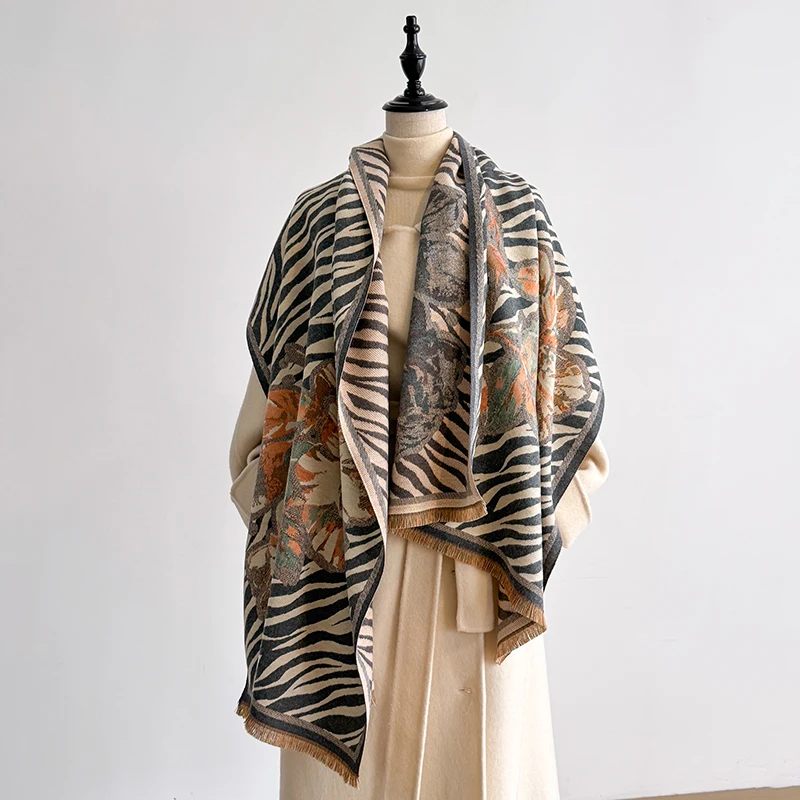 2025 Women's Luxury Cashmere Winter Shawl - Zebra Print with Tassels Pashmina Bandana Wrap