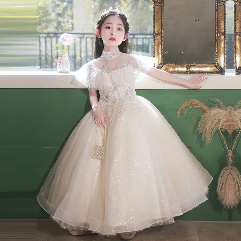 

Luxurious Children's Dresse Champagne sequins flower kids straps Long Dress wedding Ball Birthday party Girl Bridesmaid Dress