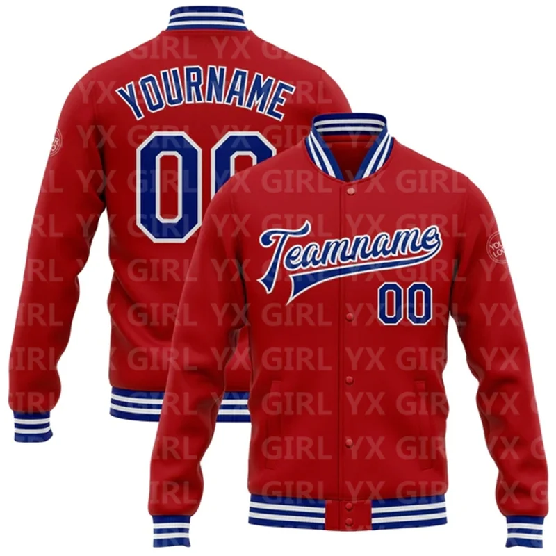 Custom Red White Bomber Full-Snap Varsity Letterman Jacket 3D Printed Baseball Button Jacket