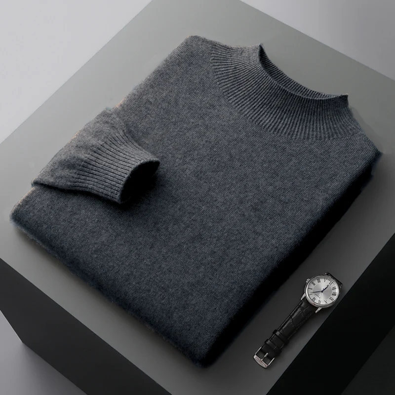 New Cashmere Men's Fashion Casual Wool Sweater Warm Autumn And Winter Semi-High Neck Knitted Bottoming Shirt