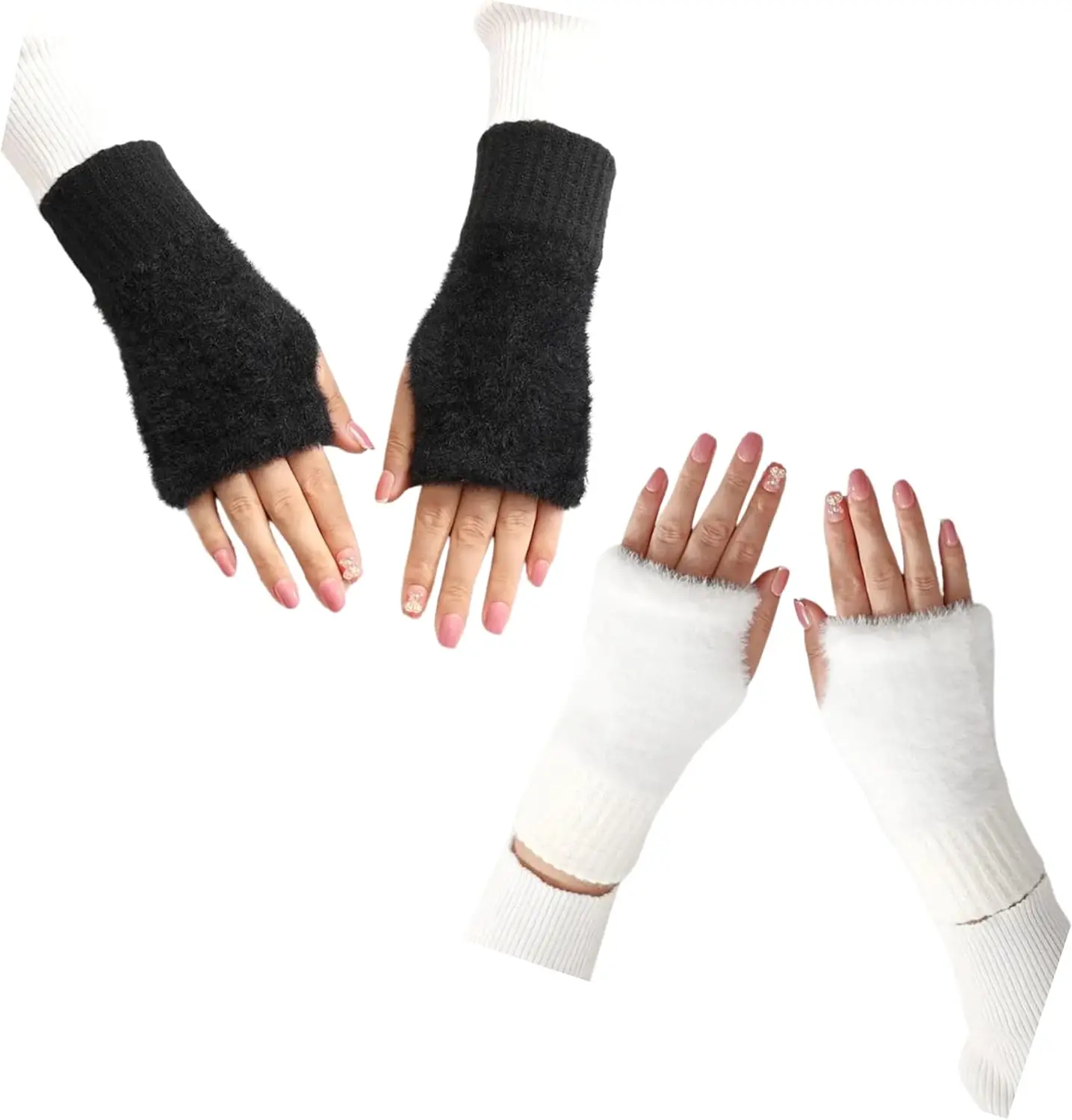 1pair Winter Warm Fingerless Gloves for Women, Thumb Hole, Stretchable Soft Plush with Knitted Cuff, Soft Skin Friendly Mitten