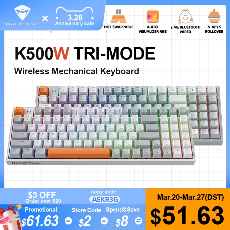 Machenike K500/W 기계식 키보드 핫 스왑 가능 94 키 유선 무선 게임용 키보드, Mac windows용 RGB ...