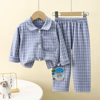 Boys Girls Autumn Pajamas Homewear Kids Casual Plaid Long Sleeve Lapel Shirt with Pants Pyjamas Youth Sleepwear Clothing Sets 1