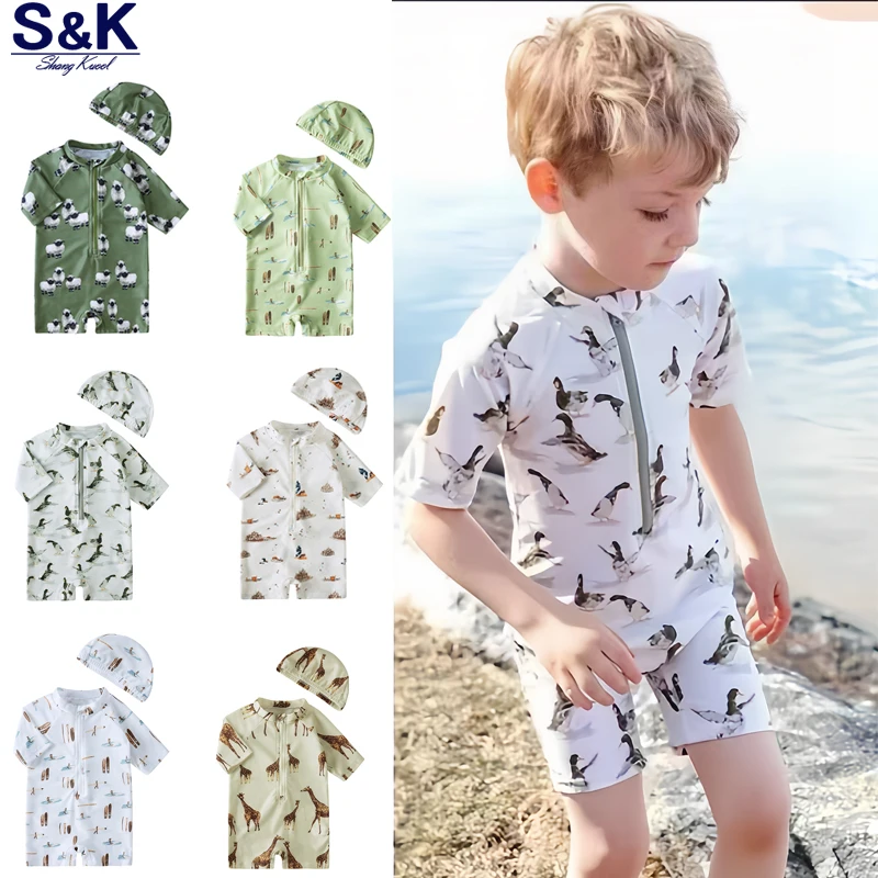 Kids Quick-Drying Swimsuit with Swim Caps Baby Boy Short Sleeve Sunscreen Print One-Piece Bathing Suit Beachwear UPF50+