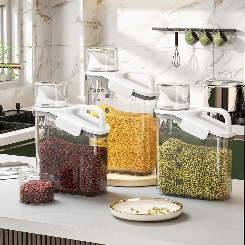 

Grain Bucket with Measuring Cup Handheld Kitchen Grain Storage Jar Moisture-proof Insect-proof Rice Bucket Food Storage Jar