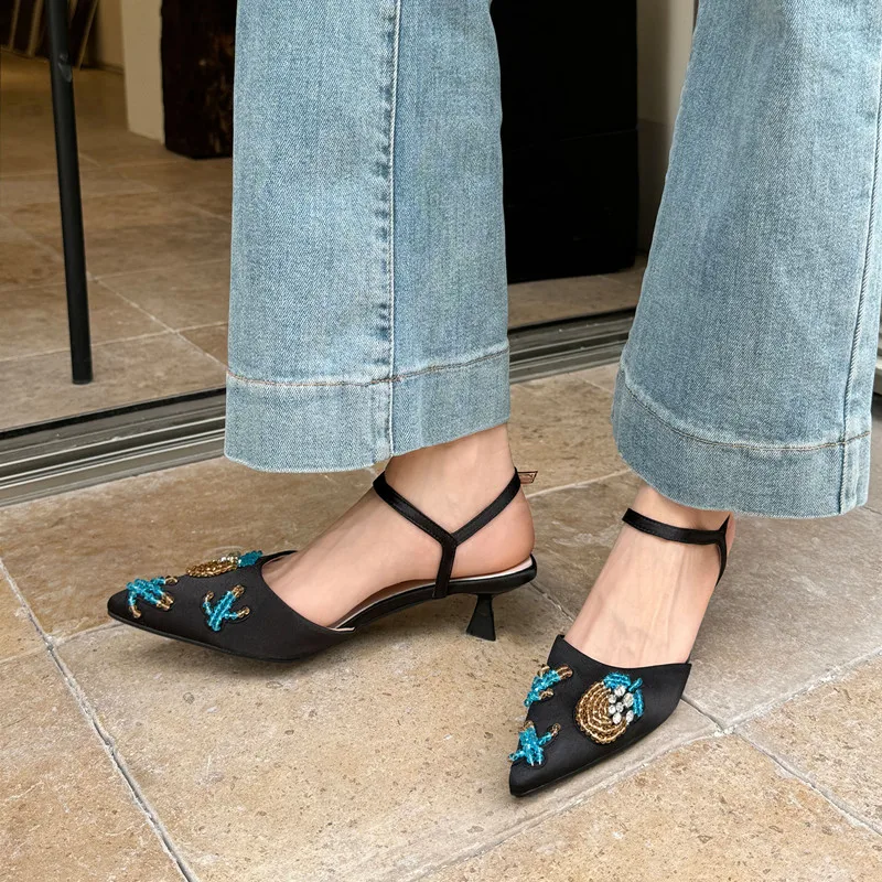 Sexy Pointed Toe Women Slingback Sandals Yellow Beading Design Summer Prom Party Pumps Ankle Strap Black Med Heels Zapatos Mujer