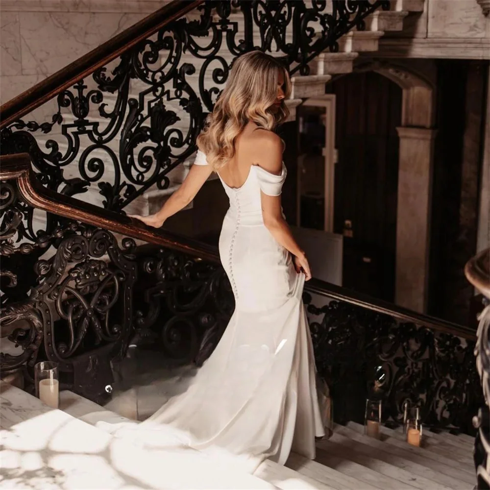 Custom Made To Measures 2025 Wedding Dresses Off The Shoulder Scoop Collar Open Back Crepe Bridal Gown Sweep Train Vestidos De N 2