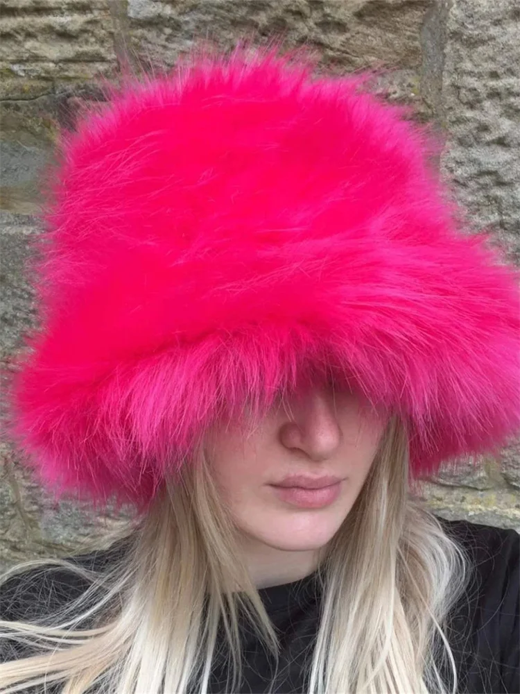 Bright Pink Soft Faux Fur Bucket Hat