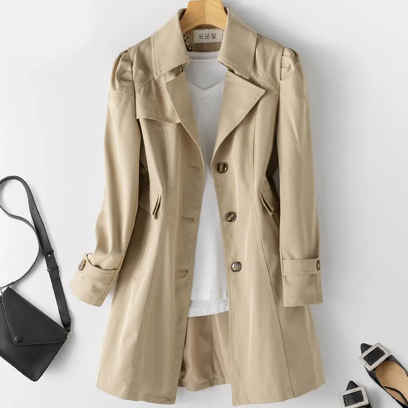 Fashion Single Breasted Mid Long Women Spring Autumn 2022 Casual Korean Elegant Trench Coat Overcoat Khaki Windbreaker Woman