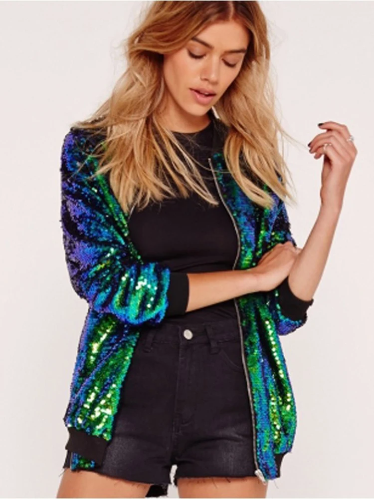 

Shiny Sequin Party Baseball Jacket Spring Autumn Oversize Zipper Long Sleeve Round Neck Loose Glitter Fashion Women Coat 3XL