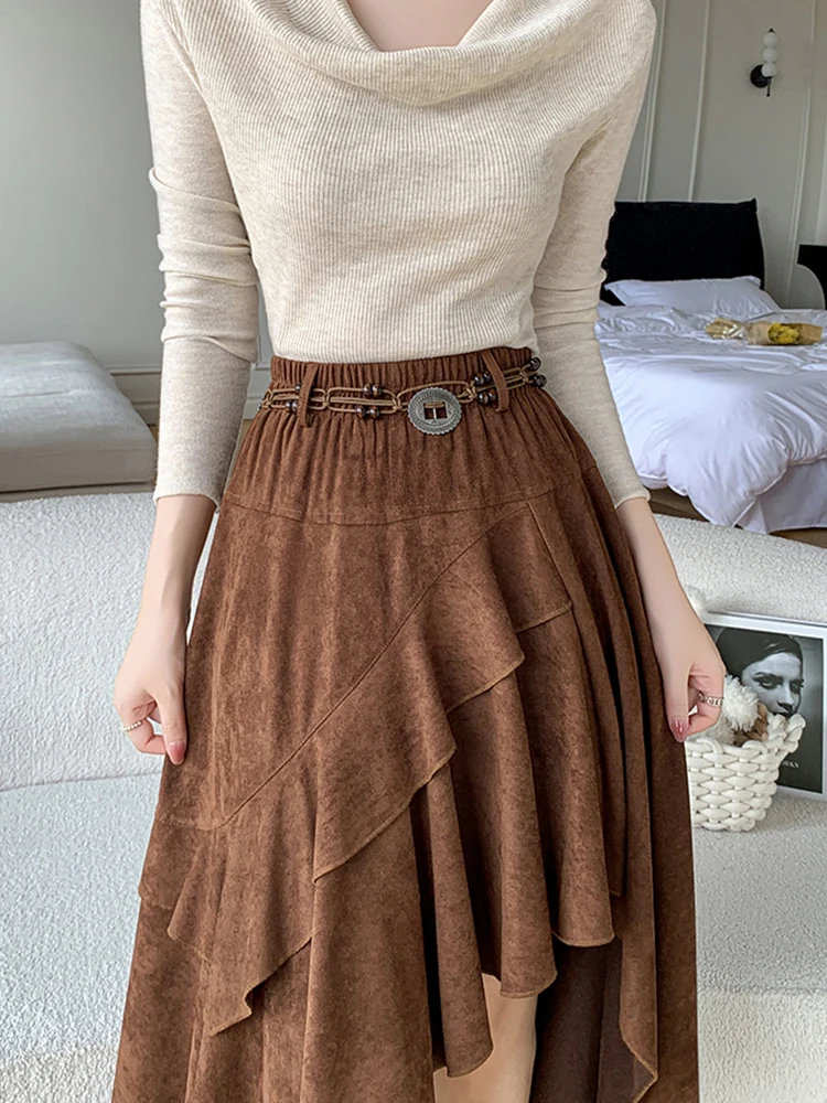 Jupe mi-longue en daim asymétrique rétro américain pour femme – Image 2