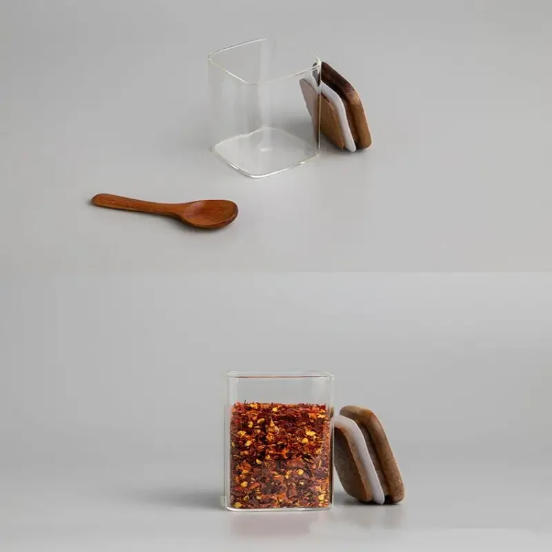 Seasoning Jar Seasoning Storage Container 4Pcs Acacia Wood Cover Seasoning Jar Square Transparent Glass Bottles Kitchen Storage Salt Spice Restaurant Sealing Cans