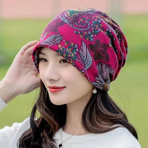Fashion Double Used Women Warm Floral Beanies Skullies For Female Casual Soft Cotton Bonnet Scarf Hip Hop Girls Dance Gorras