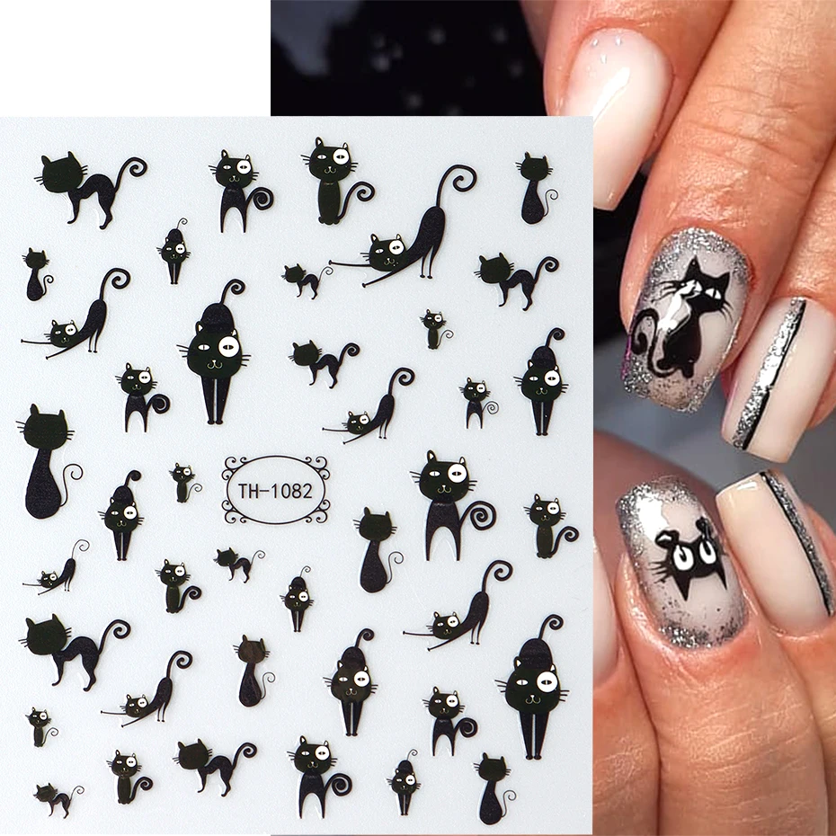2pcs Black Cat Nail Stickers 3D Cute Cartoon Animal 3D Self-Adhesive Nail Art Decals Sliders Decorations Manicure Accessories 2
