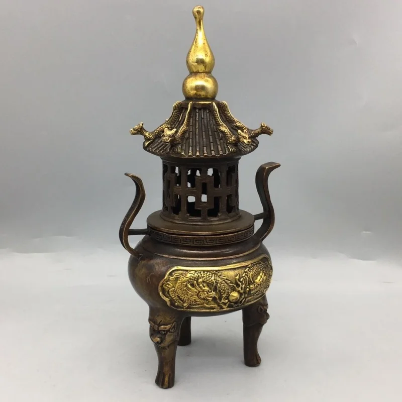 

Guyunzhai Copper Gilded Temple Of Heaven Sandalwood Incense Burner Antique Tower Furnace Two Dragons Are Playing With A Pe