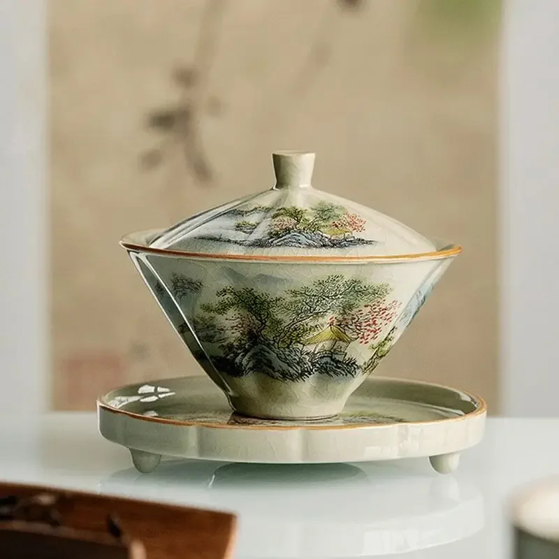 Jingdezhen-Ceramic Tea Cup with Bamboo Hat, Traditional Handmade Tea Ware, Single Bowl, Kung Fu with Lid, Sancai Gaiwan