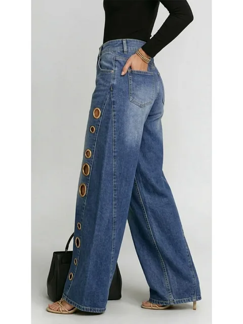 Missuoo Women's Washed Blue High-Waist Metal Grommet Wide Leg Jeans 2026 Casual Loose Fit Streetwear Pants Casual Trousers 4