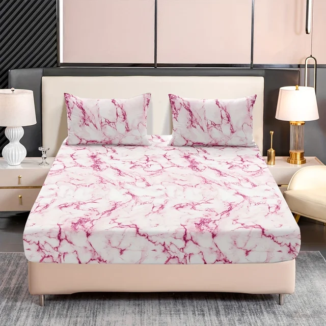 Ensemble de draps ajustés 3 pièces imprimé marbre – Tissu microfibre ultra doux et respirant, hypoallergénique, résistant aux rides, facile d'entretien – 4