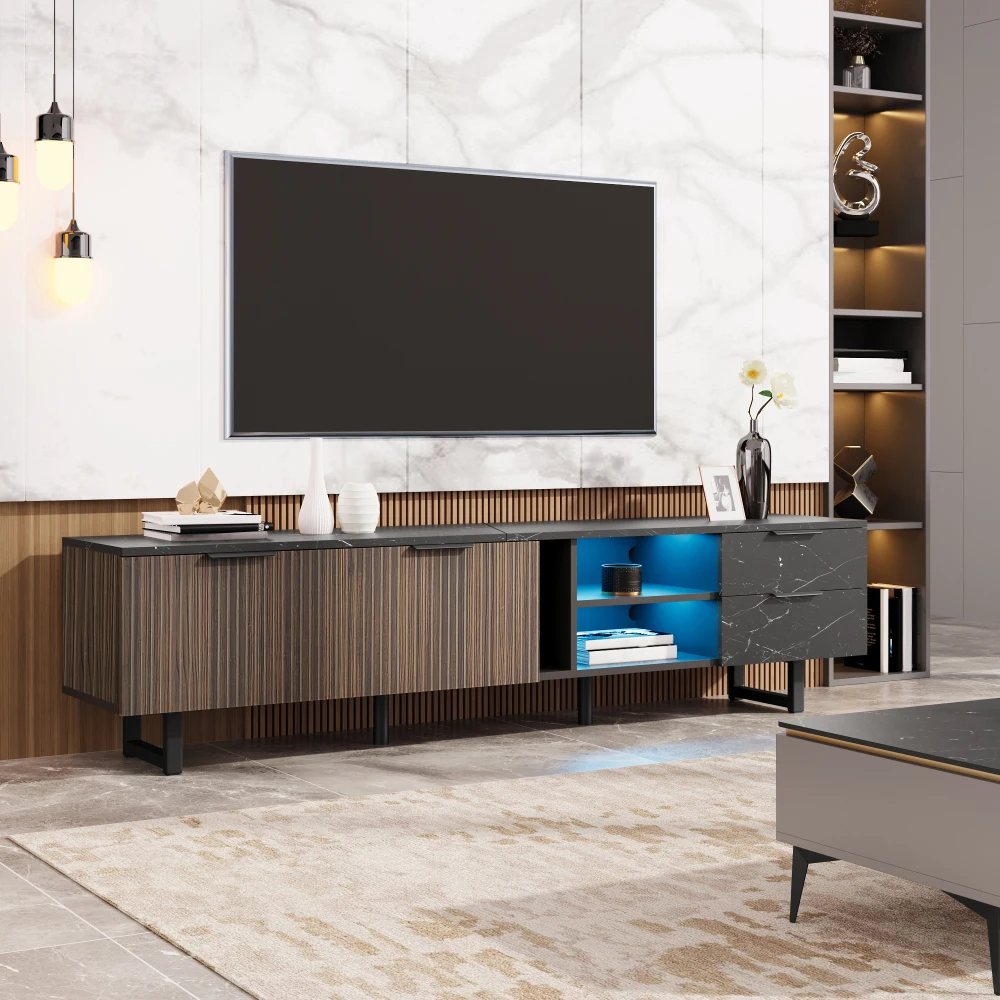 PINGGO 200CM TV-Schrank mit Schwarzer Marmorplatte & Dunklen Holztüren - Einstellbare LED-Beleuchtung 2 Türen 2 Schubladen für Heimunterhaltung – Detail 7