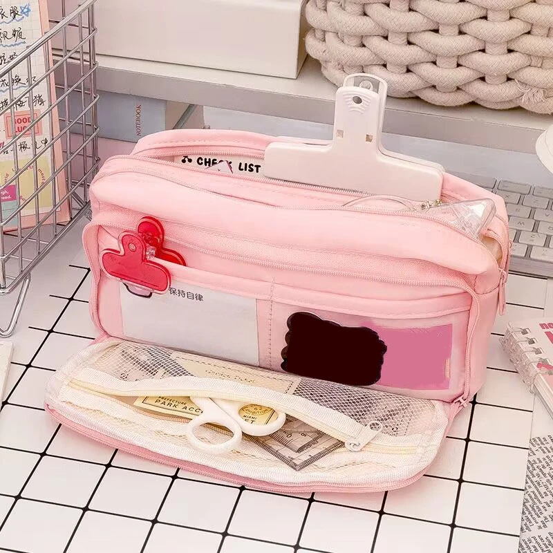 Pencil Bag 2 Tier Large Capacity Metal Zipper Mesh Pocket Portable Large Pencil  Case For Students School Office Pink And Beige - AliExpress