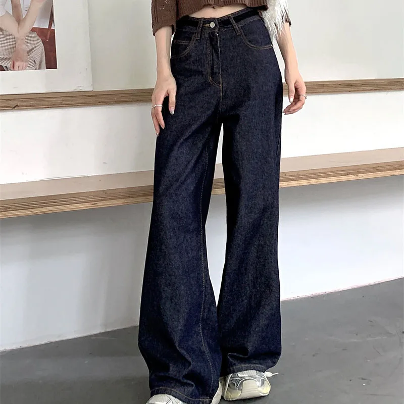 2026 femmes Y2K Dongdaemun marine jambe large Denim pantalon coupe ample drapé pantalon décontracté printemps glisser longueur jean
