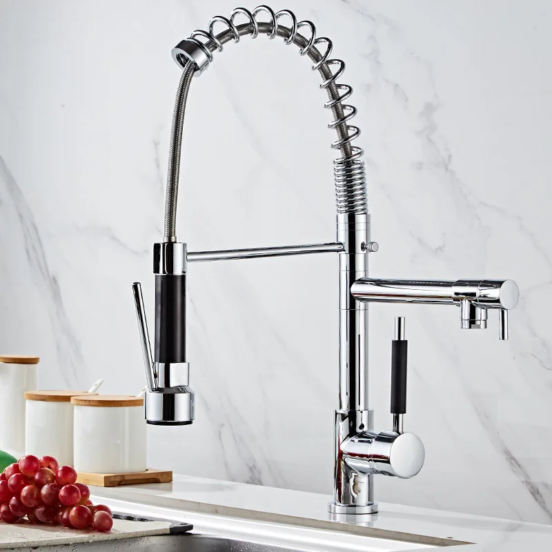 

All-brass Brushed Spring Kitchen Faucet, Pull-out Hot and Cold Water Tank Sink, Telescopic Shower Faucet