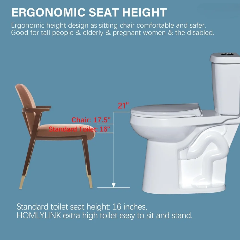 21" Tall Toilet for Seniors: Extra High, Modern White, Comfort Height, Power Flush, Two-Piece, Dual Flush 1.28 GPF, 12" Rough-In