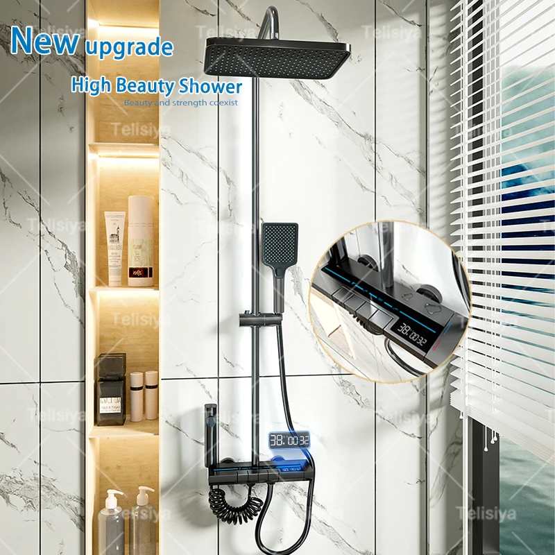 Bathroom Shower System Sets Piano Button Ambient Light Digital Display Pressurization Rain Faucets Shower Set